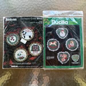 VTG Country Christmas Ornament Felt Cross Stitch Kit Lot of 2 Bucilla Janlynn